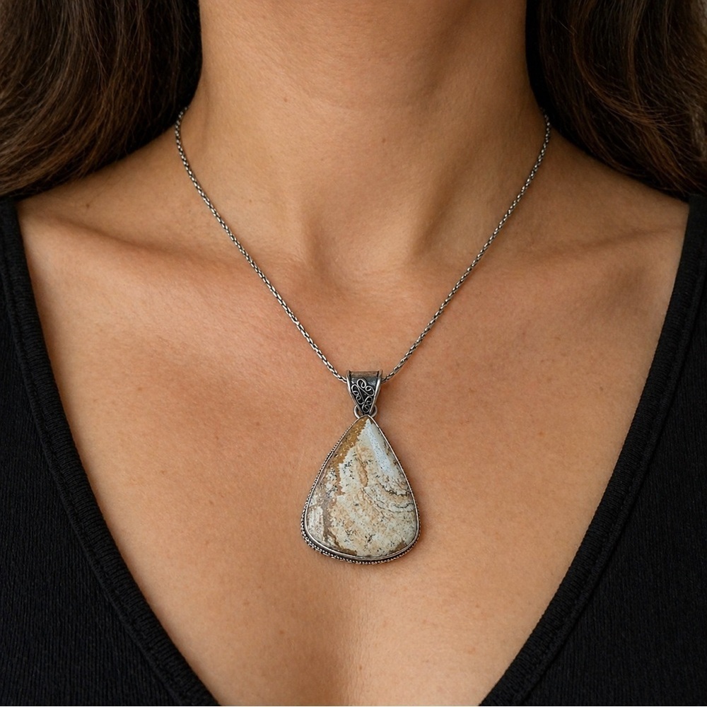 Hand Crafted Teardrop Picture Jasper Pendant Beige and Brown Tones Silver Bezel
